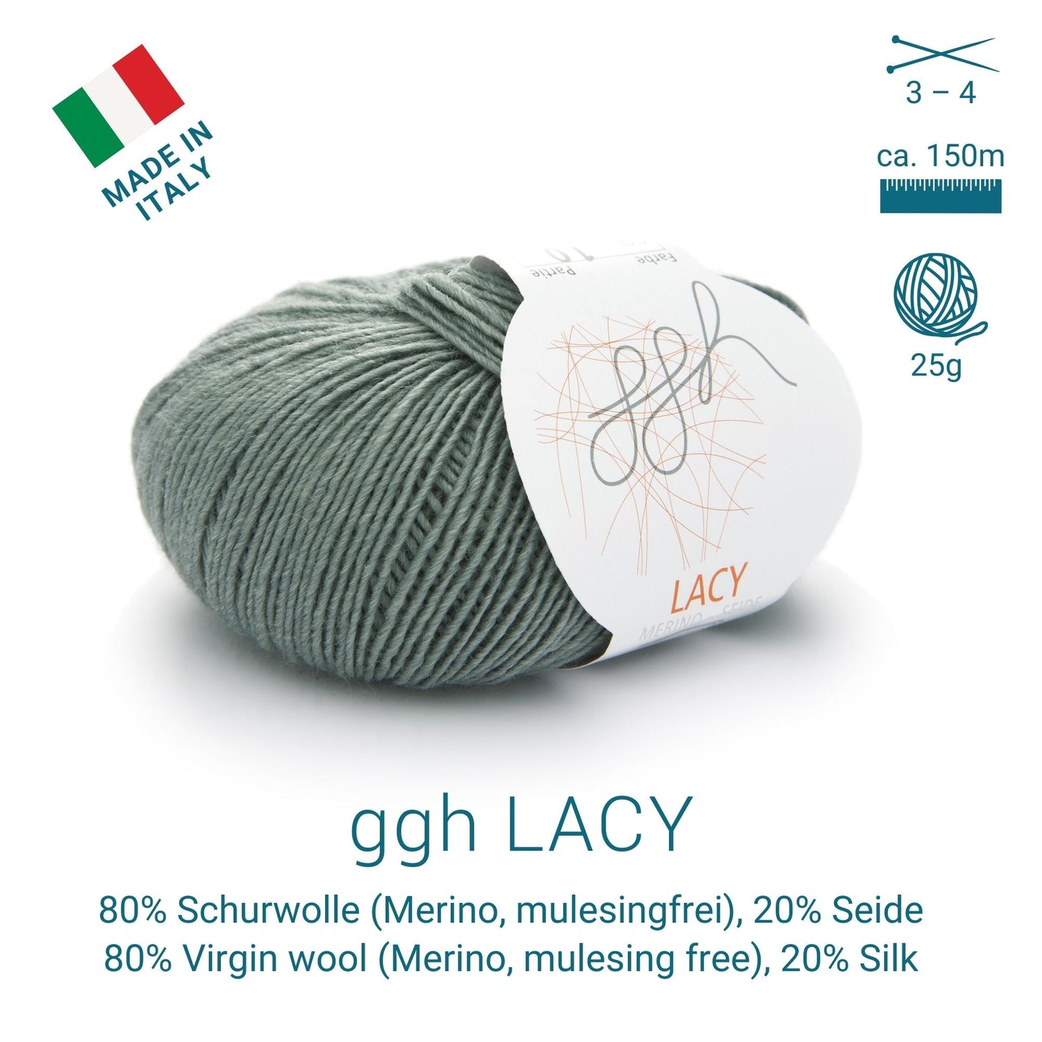 GGH Lacy | Merinowolle mit Seide | 25g - 150m | 009 - Grüngrau - ggh Wolle