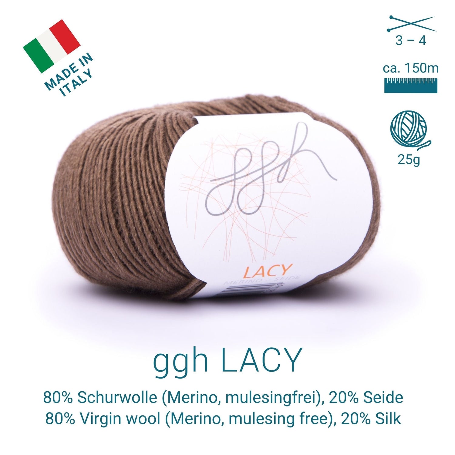 GGH Lacy | Merinowolle mit Seide | 25g - 150m | 018 - Braun - ggh Wolle