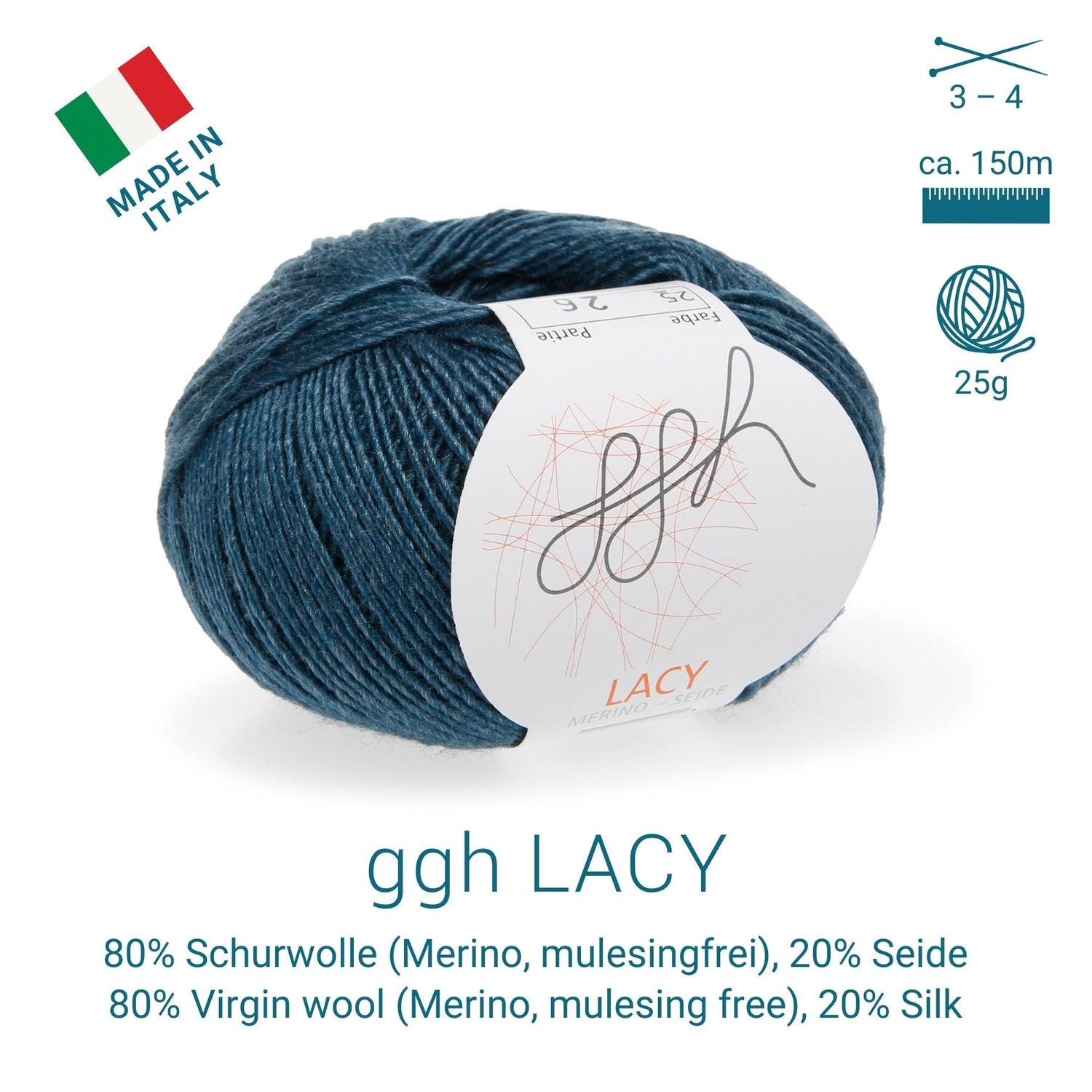 GGH Lacy | Merinowolle mit Seide | 25g - 150m | 025 - Petrol - ggh Wolle