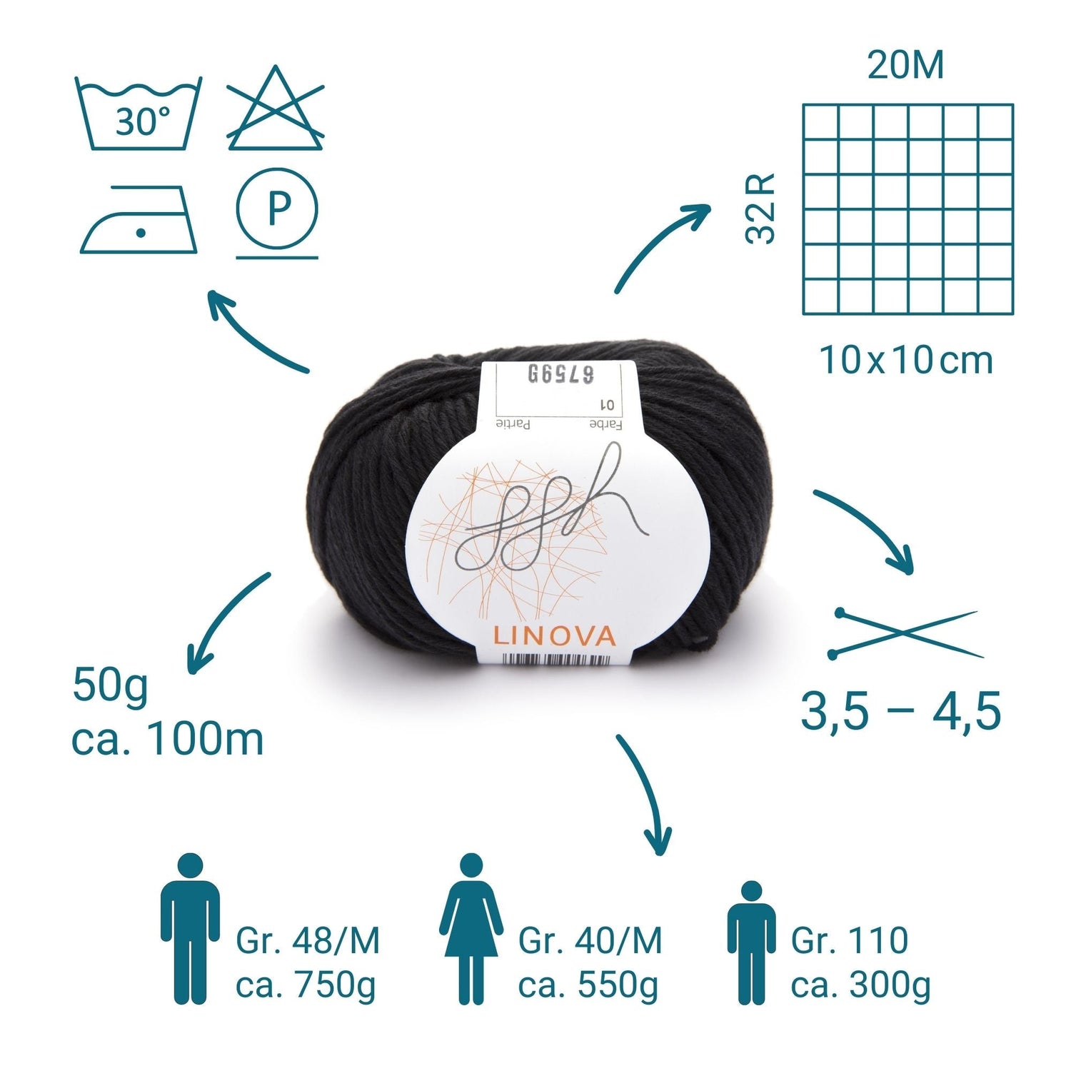 ggh Linova | 100% Baumwolle | 100m/50g | 001 - Schwarz - ggh Wolle