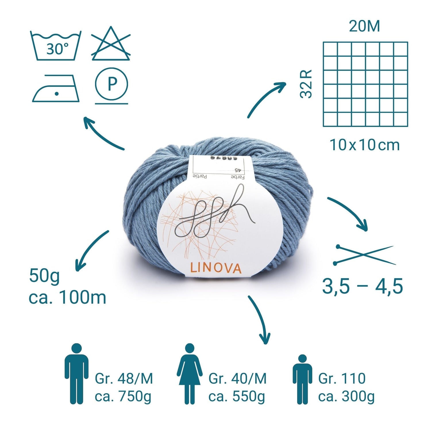ggh Linova | 100% Baumwolle | 100m/50g | 045 - Graublau - ggh Wolle