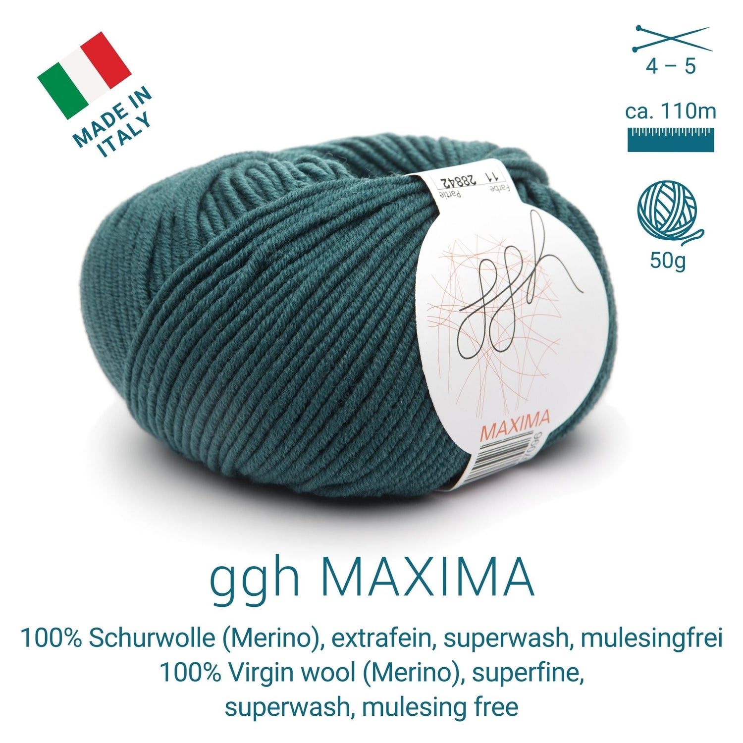 ggh Maxima | Merinowolle | 110m/50g | 011 - Tiefes Blaugrün - ggh Wolle